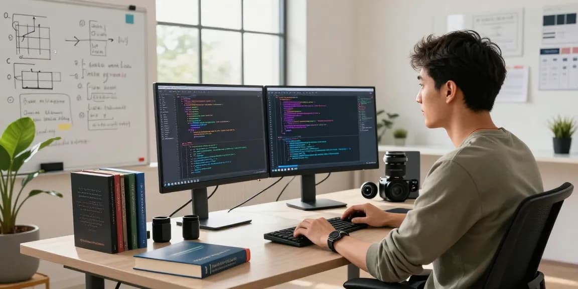 Developer coding at a tech workspace, showcasing acrossprotocol integration in a modern office.