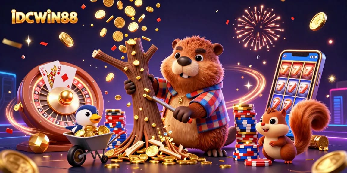 Engage in thrilling casino fun with IDCWIN88 alongside a beaver, bird, and squirrel collecting coins.