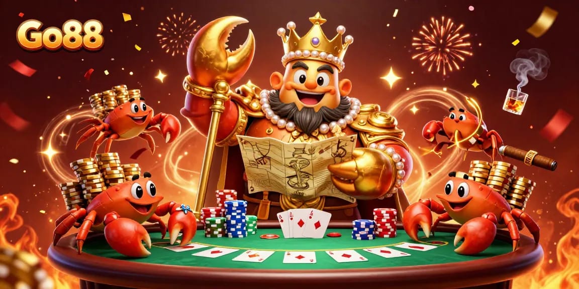 Engage with Go88 by playing games in a vibrant casino setting featuring a golden crab emperor.