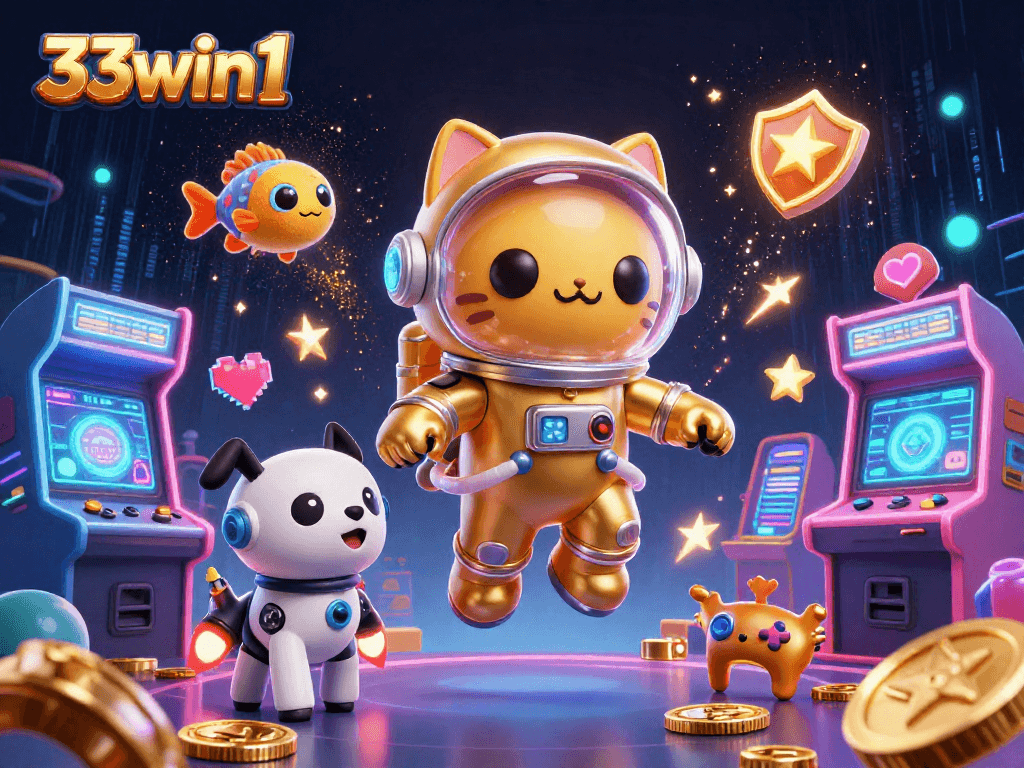 Engage with the 33win1 universe featuring a vibrant casino-themed 3D illustration.