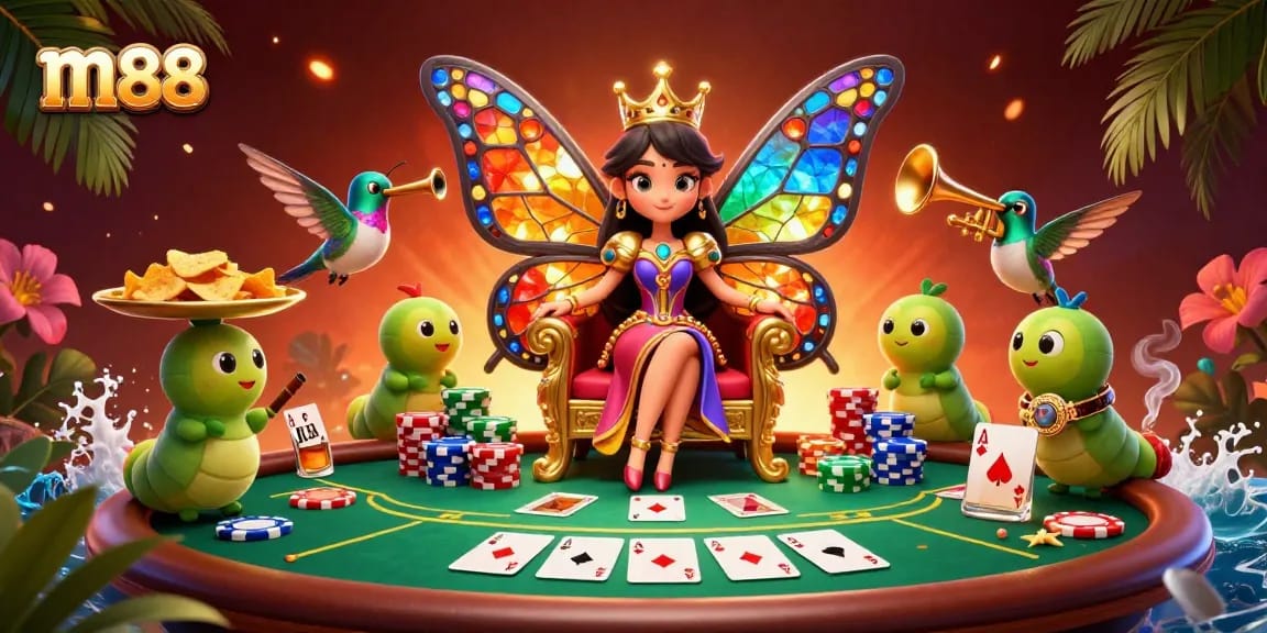 Experience vibrant m88 casino action with a butterfly queen and poker elements in a stunning 3D scene.