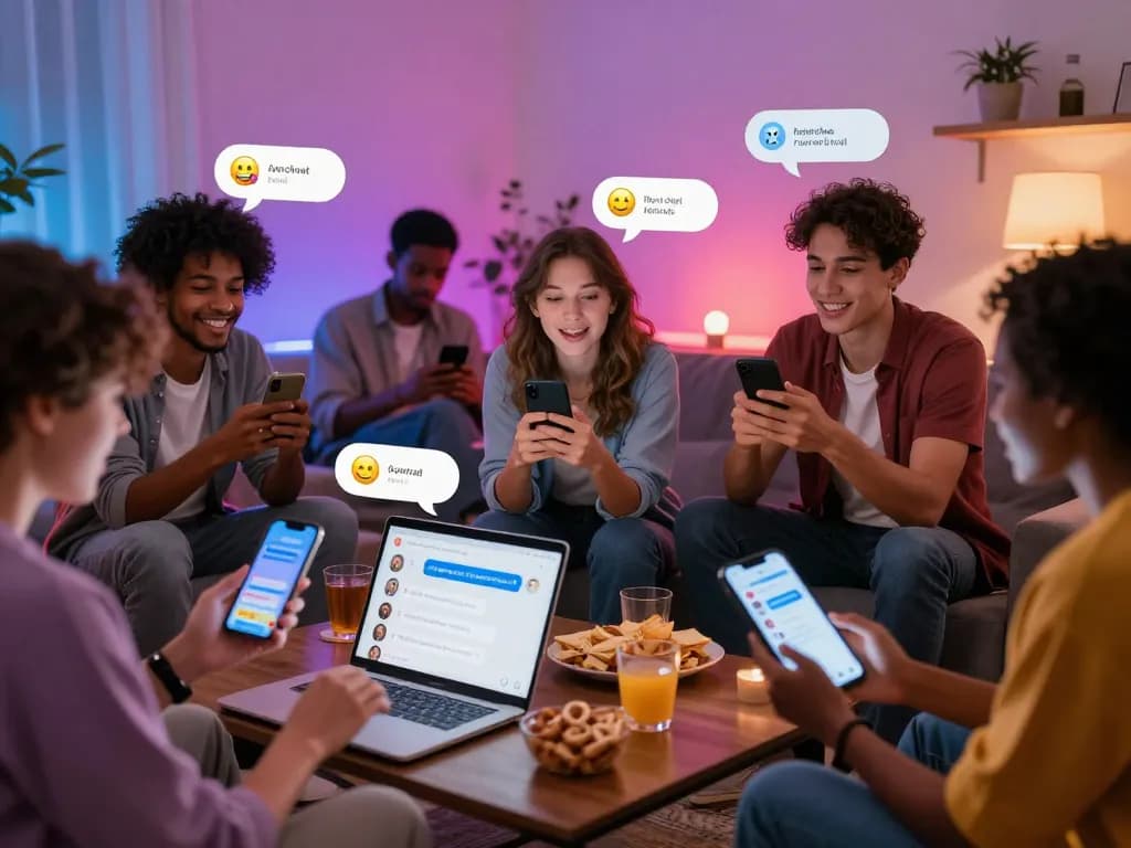 A lively scene of users enjoying engaging conversations with porn chat AI on their devices in a cozy environment, showcasing modern digital interaction.