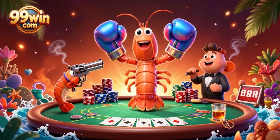 Engage with the thrilling 99win com poker showdown illustrated by vibrant shrimp characters and casino elements.