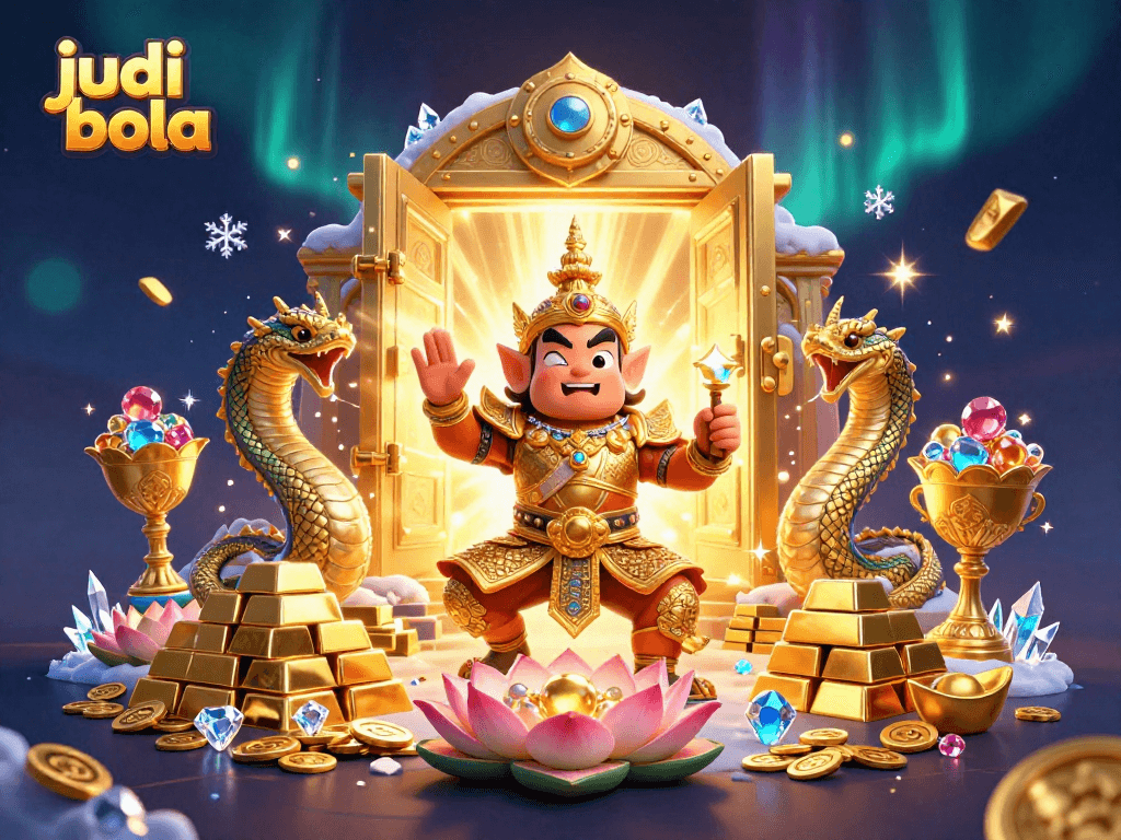 Experience judi bola excitement with a vibrant scene of temple guardians, gold treasures, and dynamic casino elements.