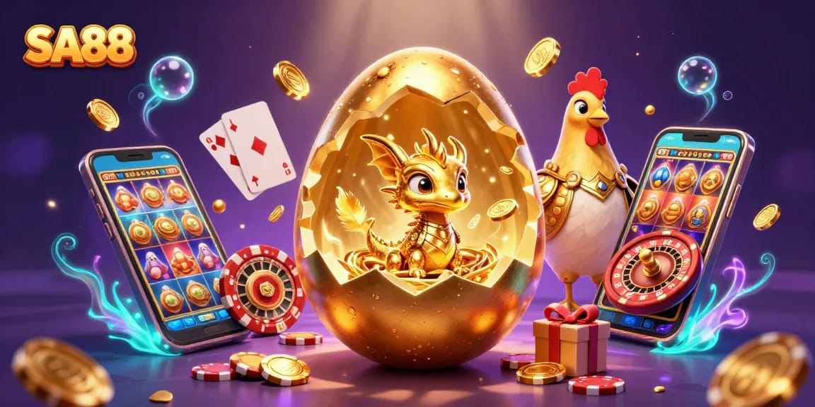 SA88 offers exciting adventure with a baby dragon and golden elements amidst vibrant casino games.