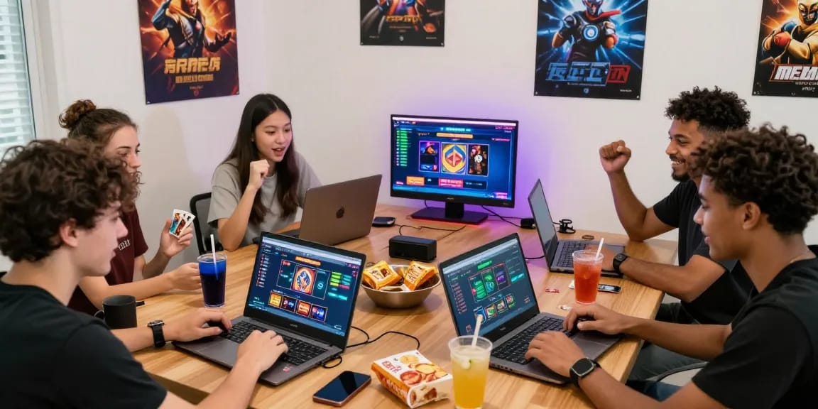 Friends enjoying online gaming with 68gamebai on laptops in a lively atmosphere.