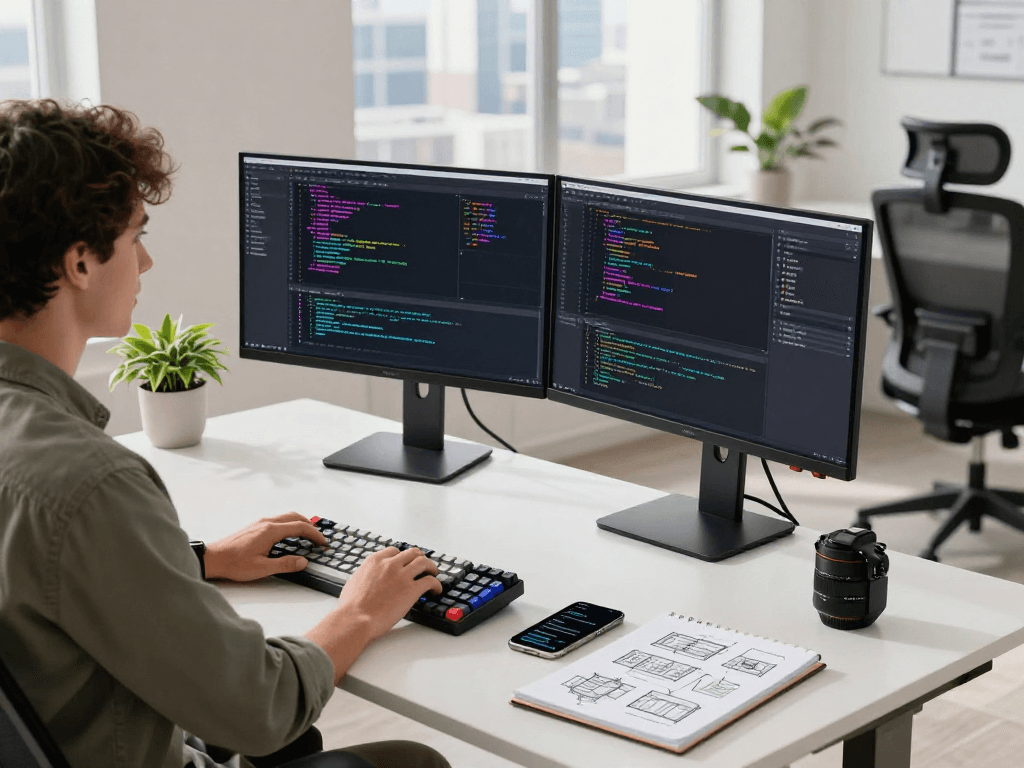 Developer at a modern desk showcasing code and design elements for net88 software solutions.