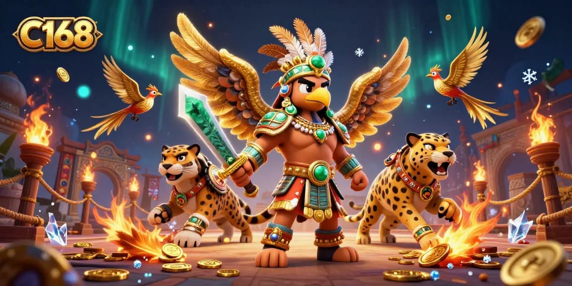 C168 unleashes excitement in an ultra-detailed 3D casino scene with brave warriors and vibrant gaming elements.