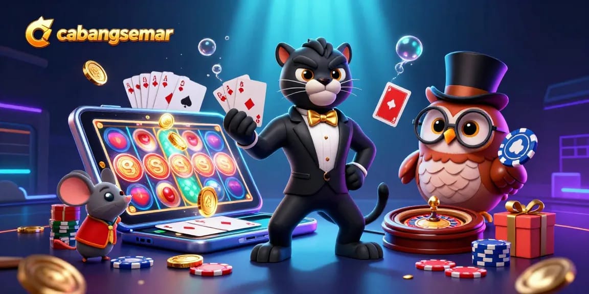 Menang di cabangsemar dengan kucing hitam berjas tuxedo, burung hantu dengan chip poker, dan tikus beruntung.