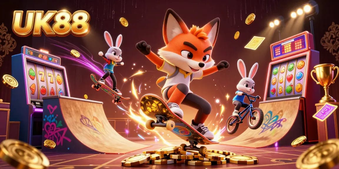 Engage with thrilling slots at UK88 while a skateboarder fox performs a kickflip.