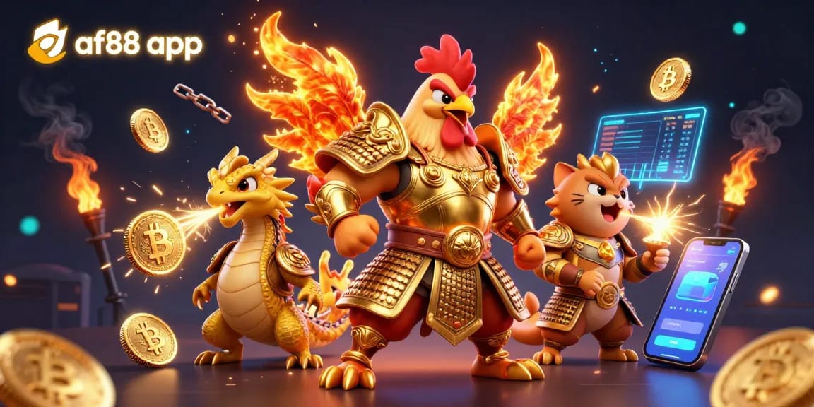 Engage with the af88 app's dynamic scene featuring a warrior rooster, dragon, and 3D crypto elements.
