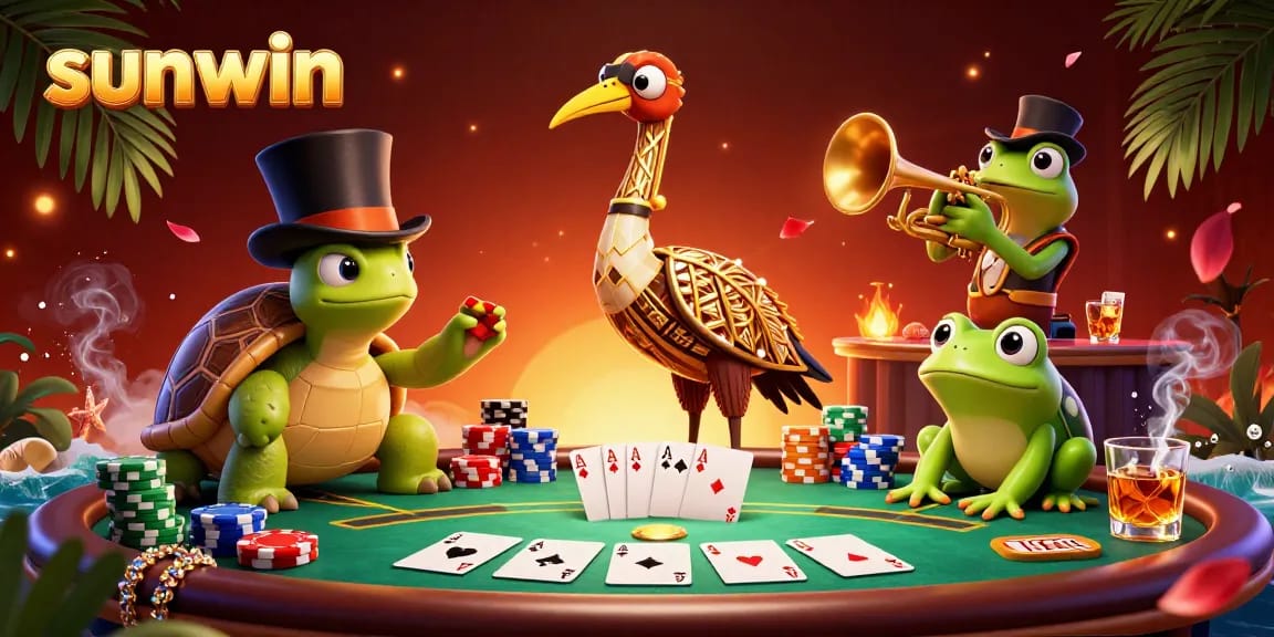 Experience thrilling poker action with sunwin, featuring a poker table, chips, and lively characters.
