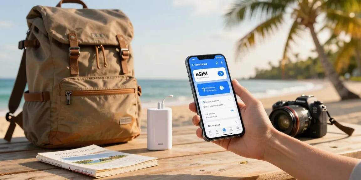 Traveler comparing eSIM优惠券 (eSIM yōuhuìquàn) deals on smartphone at a beach, showcasing travel gear and exotic scenery.
