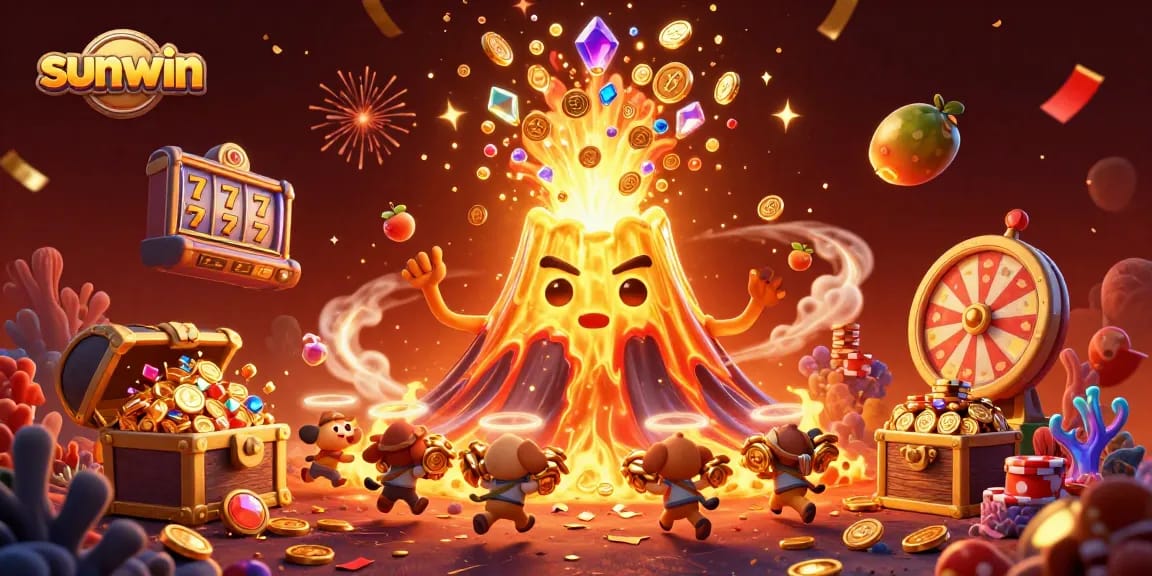sunwin showcases a dynamic 3D casino eruption where treasure overflows in a vibrant gaming scene.