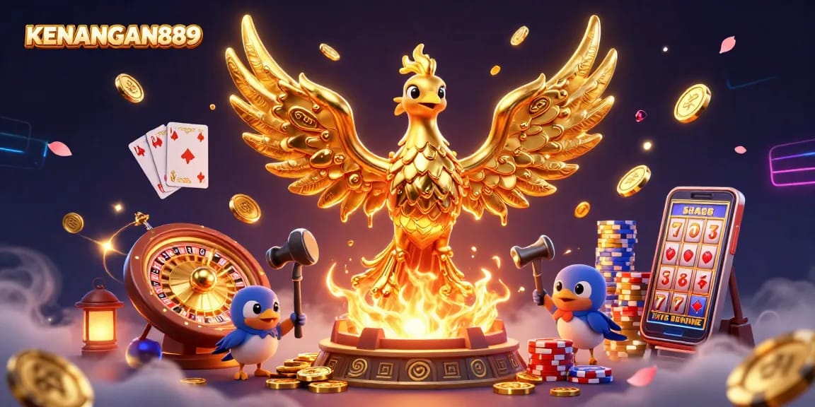KENANGAN889 showcases a molten golden phoenix amidst dynamic casino elements like coins and roulette.