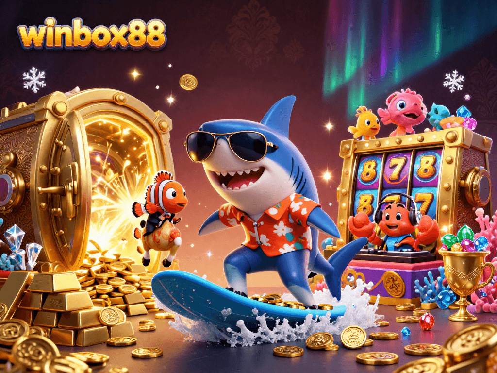 Experience winbox88's thrilling slots with colorful characters surfing on gold waves and casino elements.