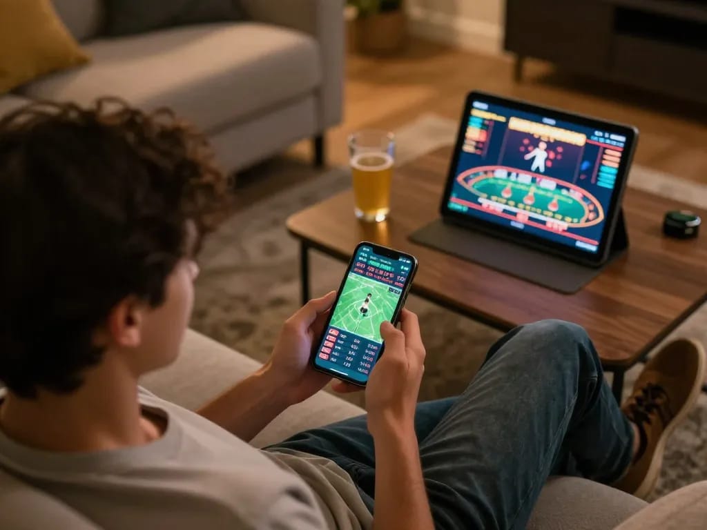 Engaged player using 88vvgo app for sports betting on smartphone, relaxed home gaming atmosphere.