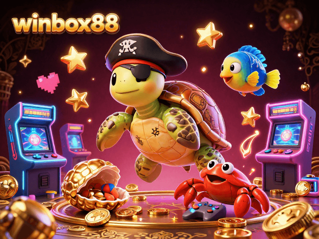 Experience winbox88 excitement with this vibrant 3D scene featuring a pirate turtle and arcade game elements.