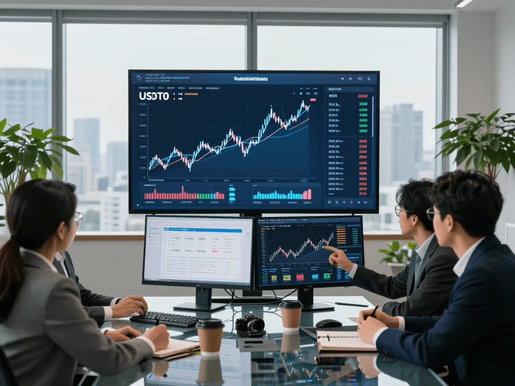 Team analyzing USDT0 liquidity flows in a modern finance workspace with digital screens.