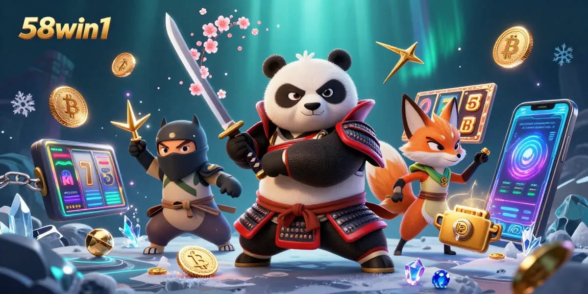 Experience thrilling gameplay with 58win1's vibrant samurai panda and ninja fox in a captivating digital casino scene.