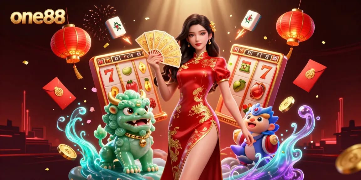 Engage in thrilling gameplay at one88 with vibrant slot reels and jade guardian in a captivating casino scene.