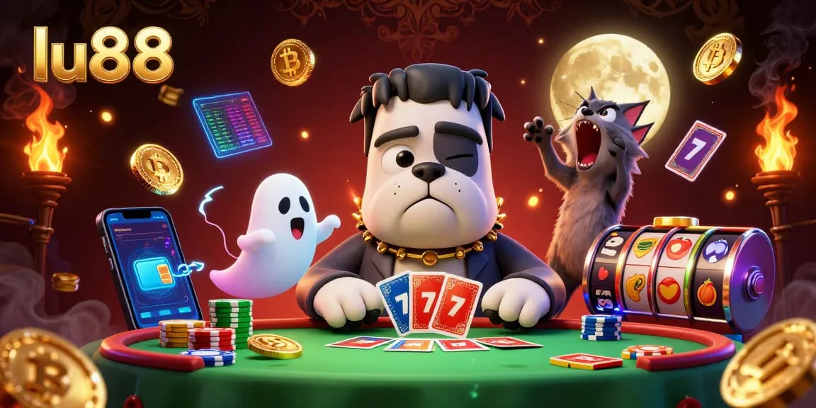 lu88 casino scene with a cartoon Frankenstein bulldog dealing cards and vibrant slot elements