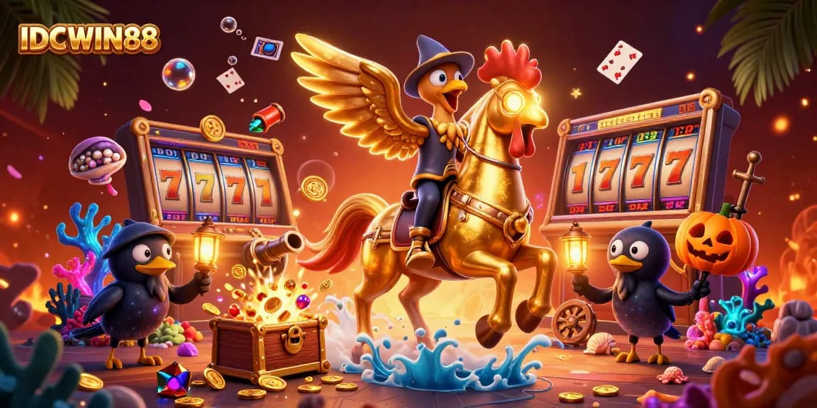 IDCWIN88 showcases a vibrant casino scene with a golden rooster and dynamic slot game elements.