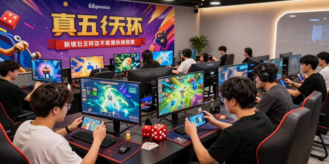 Exciting scene of players enjoying 68gamebai online games on various devices in a vibrant gaming hub.