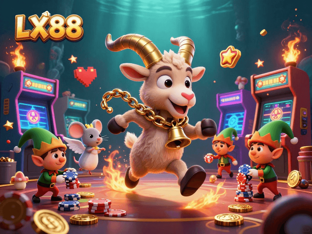 Experience LX88's thrilling gaming world with festive characters in a vibrant casino setting.