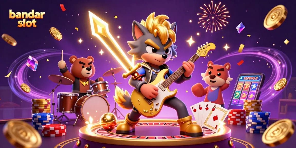 Experience thrilling bandar slot action with vibrant characters amidst cascading gems and golden coins.