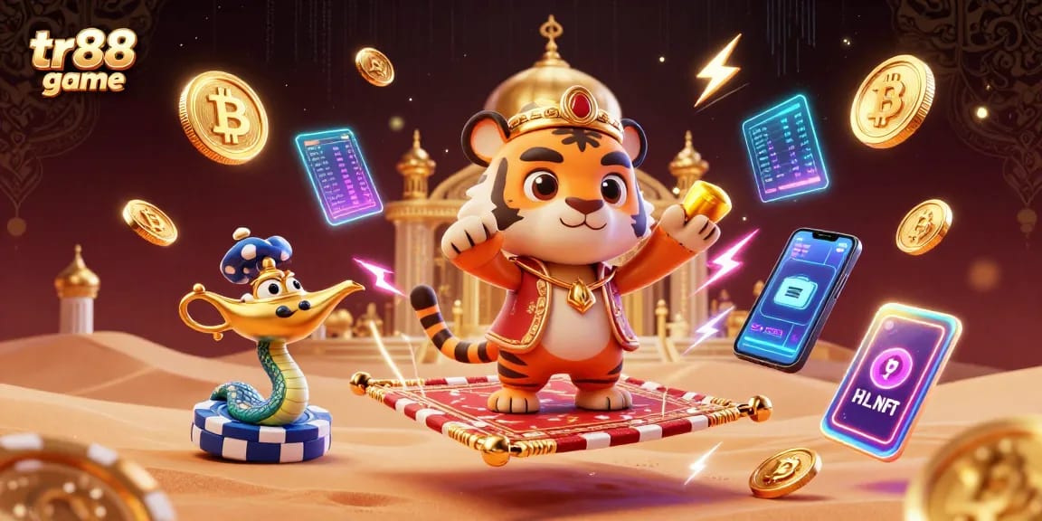 Engage in the thrilling tr88 game with vibrant 3D Arabian Nights characters amidst a rich casino scene.