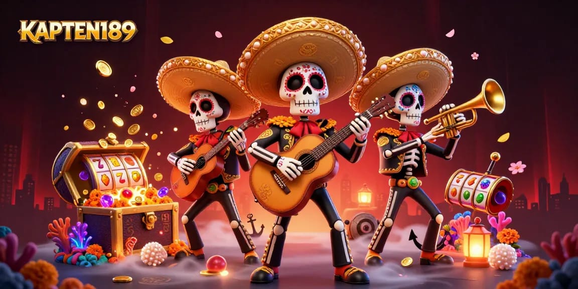 KAPTEN189 menyuguhkan ilustrasi 3D yang sangat mendetail dengan skeleton mariachi bertema Dia de los Muertos dalam pengalaman kasino.
