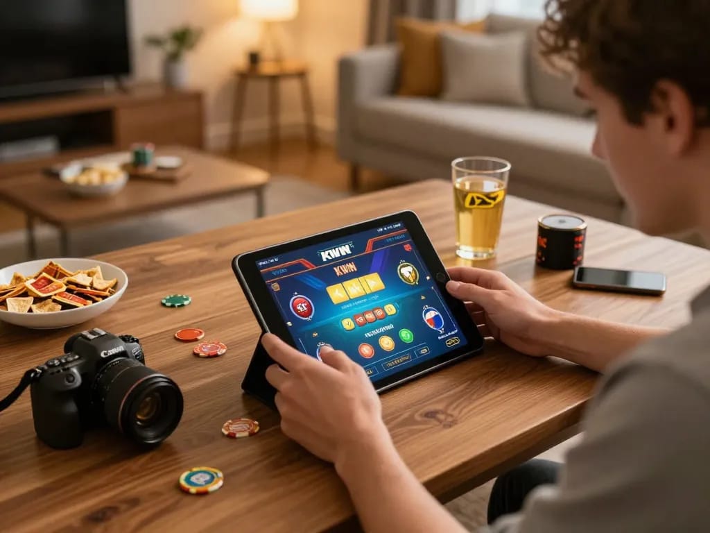 KWIN gameplay on a tablet showcasing an engaging online gambling session in a cozy home setting.