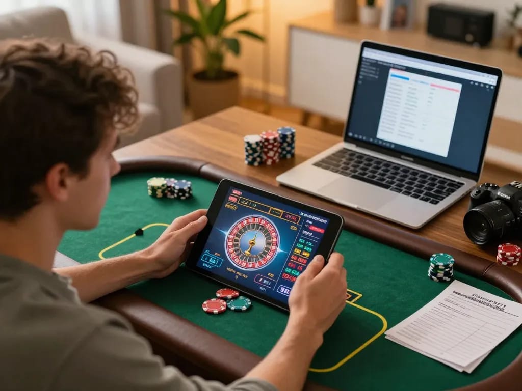 Engaged player at home using 79win's app for online roulette, surrounded by gaming elements.