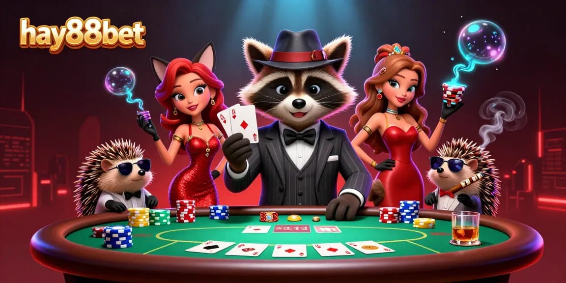 Experience the thrill of gaming with hay88bet as a suave raccoon shows off his royal flush hand.