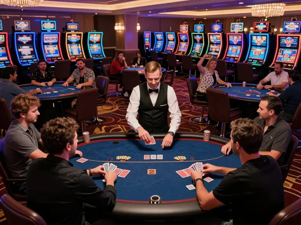78WIN poker players engaging in a high-stakes game in an upscale casino atmosphere