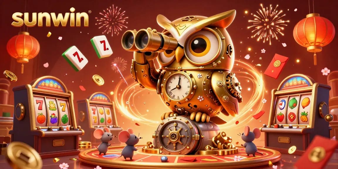 Engage in excitement at Sunwin Casino with a vibrant scene of animated casino elements including a golden owl and lively mice.