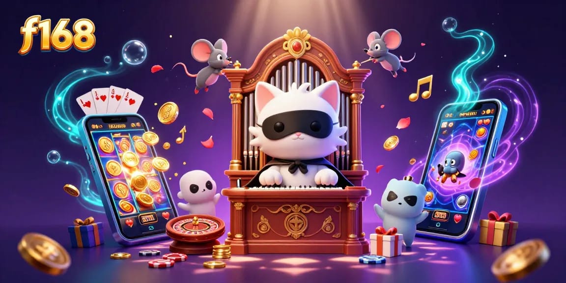 Experience winning thrills at f168 with vibrant casino adventure featuring a phantom cat and mouse acrobat.