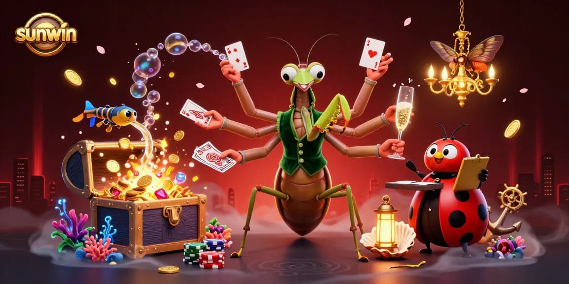 Experience sunwin excitement with a vibrant scene featuring a praying mantis card sharp and ladybug pit boss.