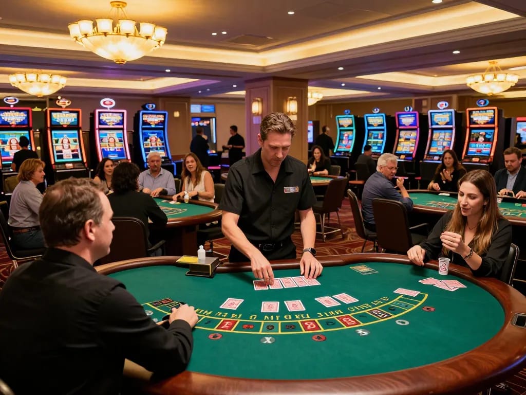 RR88 players placing bets at blackjack tables surrounded by a vibrant casino setting.