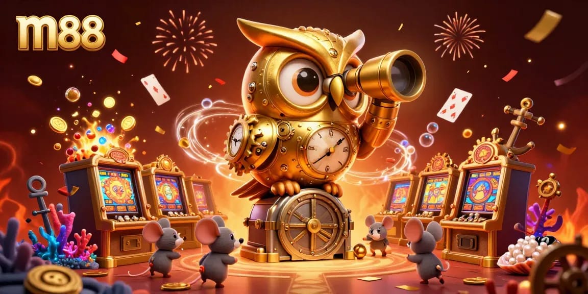 Experience the m88 casino adventure with playful mice and a golden owl in a vibrant gaming atmosphere.