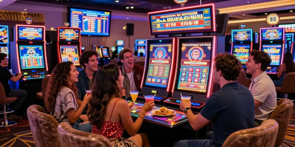 Exciting gaming scene at iwin, friends enjoying casino games with vibrant atmosphere.