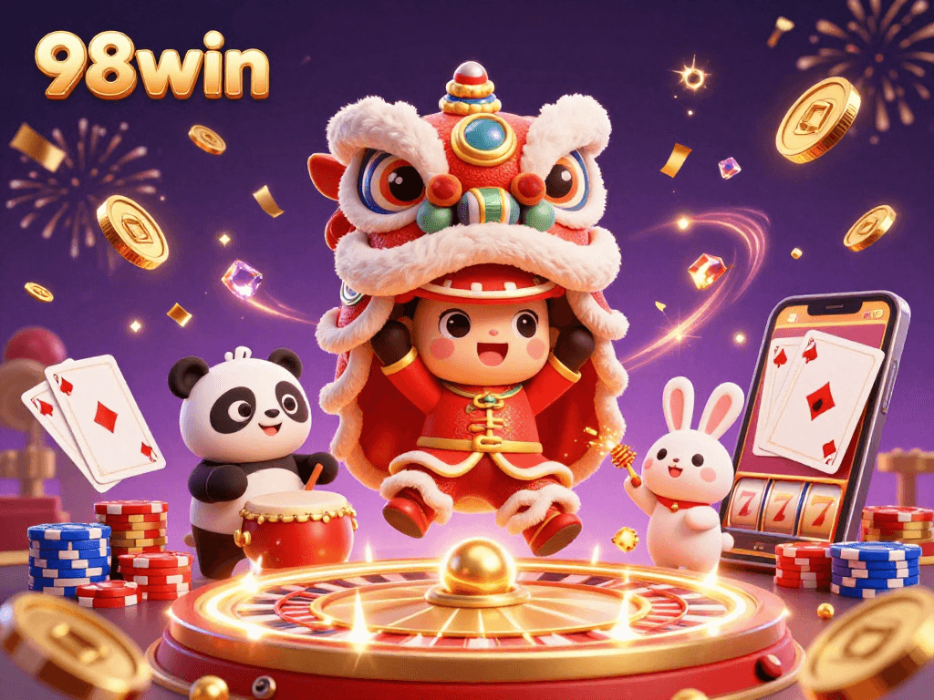 Join the celebration with 98win's vibrant gaming scene featuring lucky spins and festive characters.