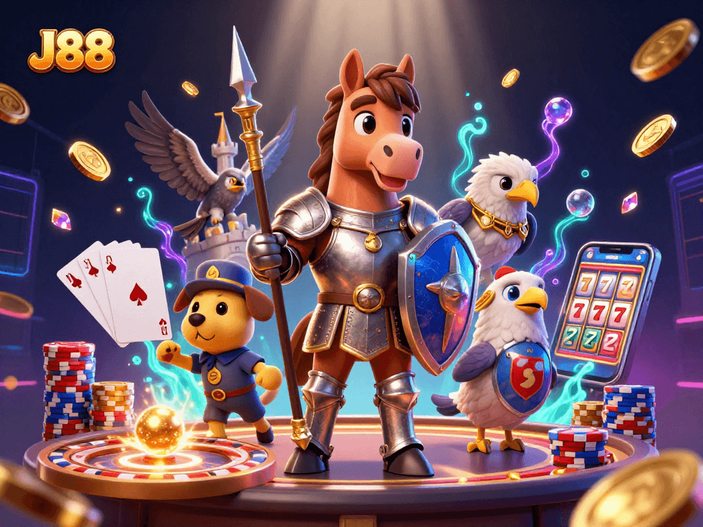 Experience thrilling gameplay at J88 with a rich scene of knights, coins, and casino excitement.