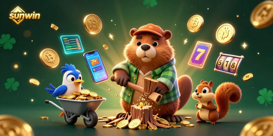 Join the excitement at sunwin with a lively slot scene featuring golden coins and playful characters.