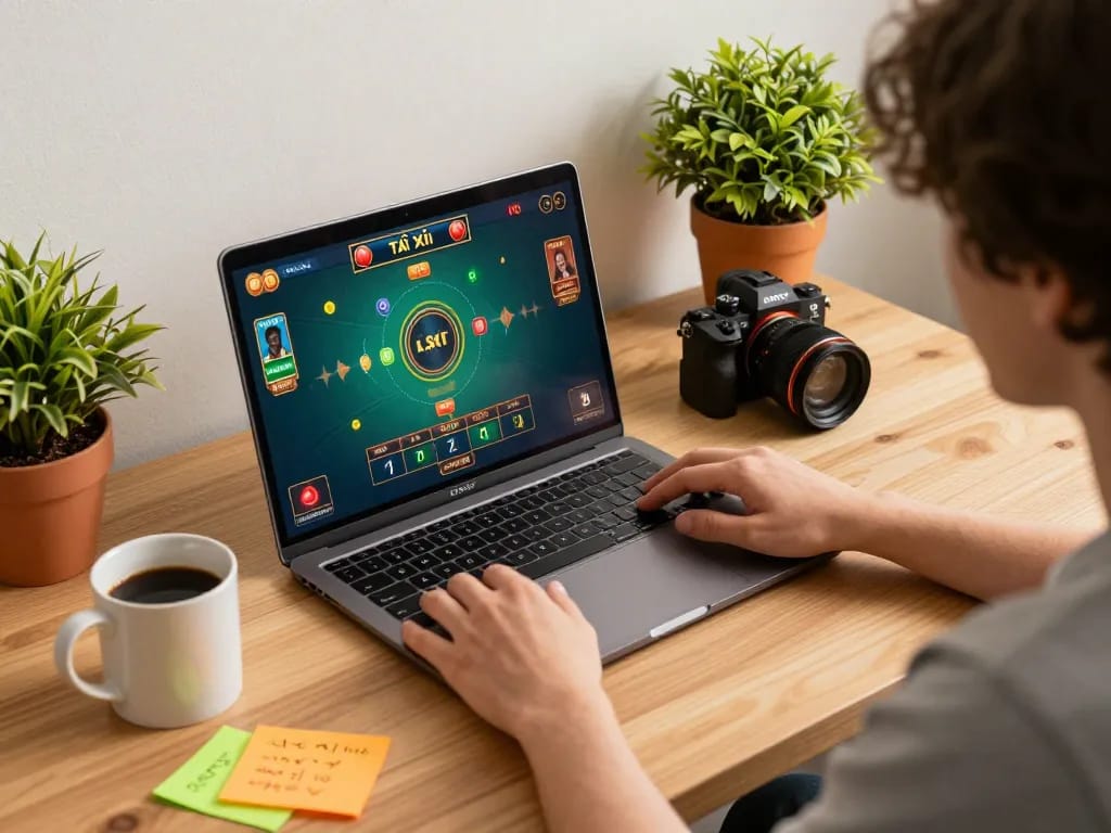 Playing tài xỉu online from a stylish home setup, focusing on strategic game interaction.