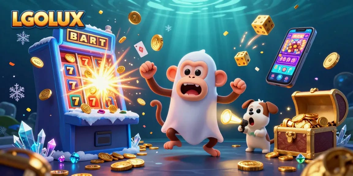 Engage with LGOLUX's thrilling slot experience as a playful monkey juggles golden treasures in a lively casino.