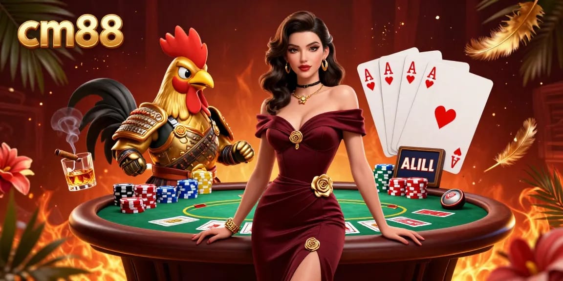 Experience cm88's vibrant gaming scene with a glamorous woman and golden rooster warrior at a poker table.