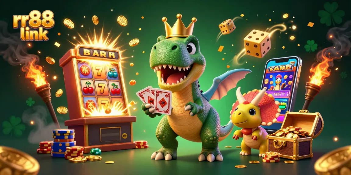 Win big with rr88 link as cartoon dinosaurs play cards, surrounded by colorful casino elements.