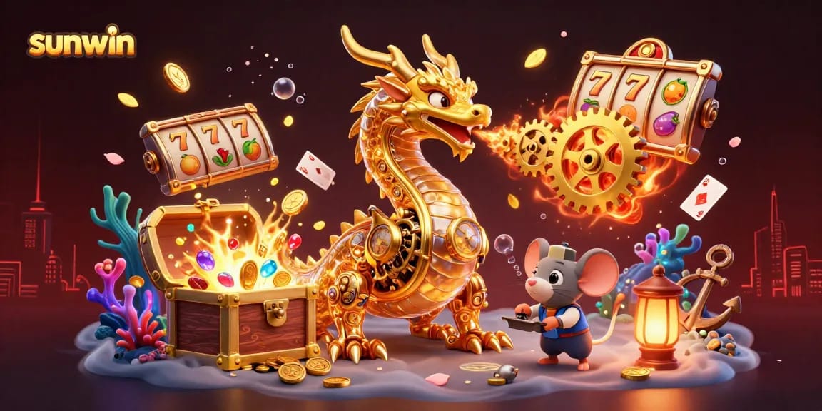 Spin the reels with sunwin's golden dragon, surrounded by vibrant casino elements and treasure.